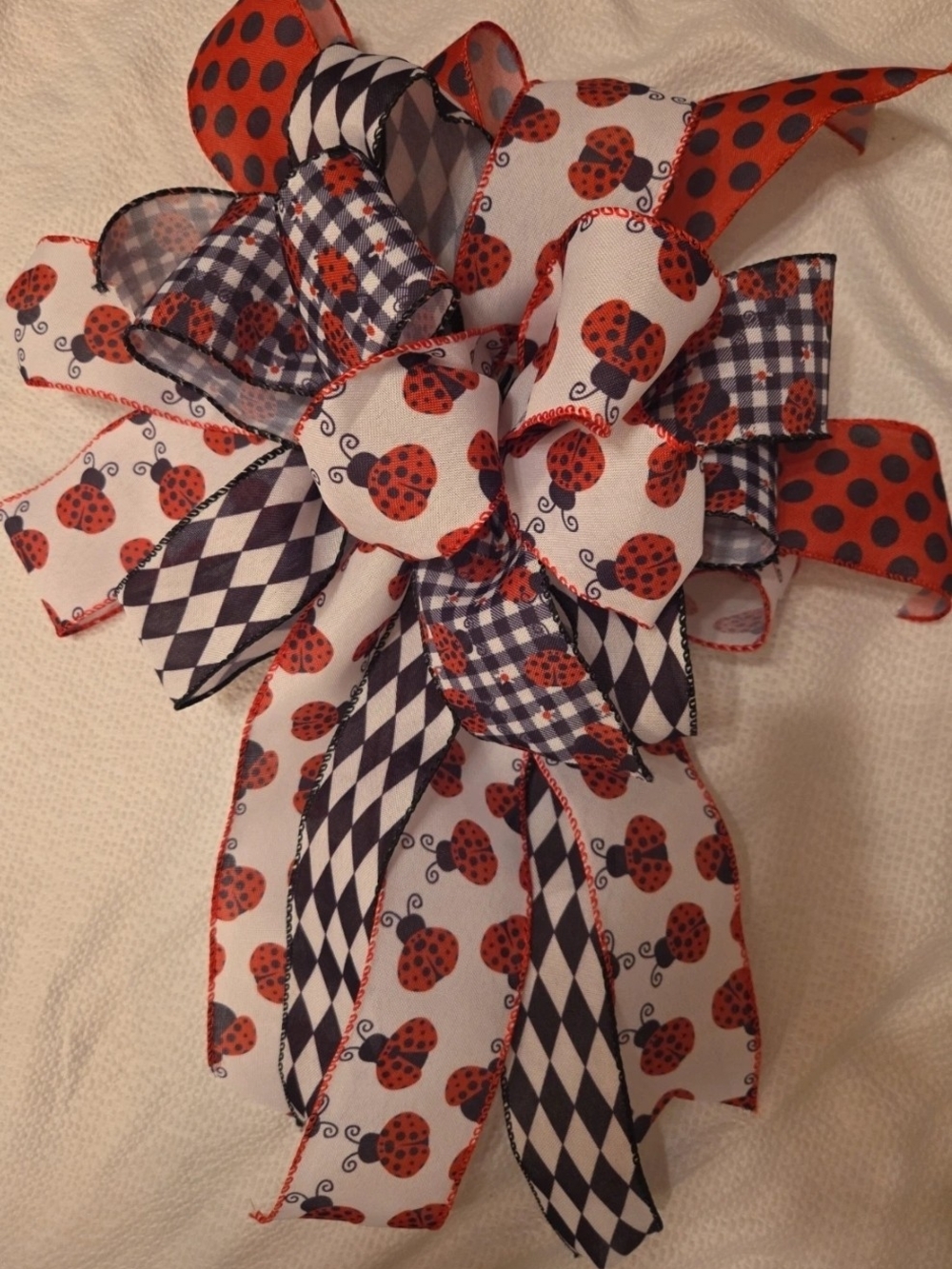 Whimsical Ladybug Ribbon Bow - Red and Black